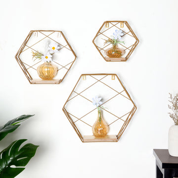 3 Pack Gold Hexagonal Floating Wall Shelves, Decorative Geometric Wall Mounted Shelves - 9",12",14"