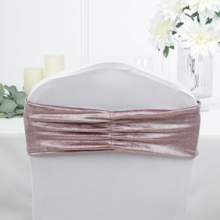 5 Pack Stretcy Velvet Chair Sashes Mauve With Ruffles