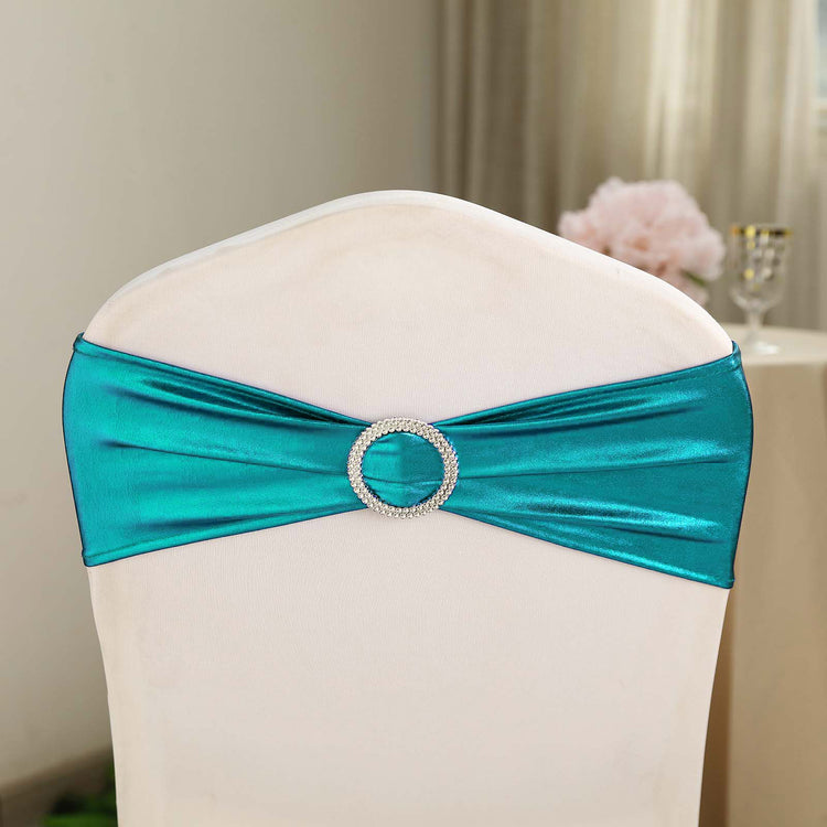 5 Pack Metallic Peacock Teal Spandex Chair Sashes with Round Diamond Buckles