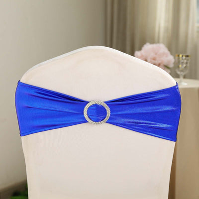 Blue chair cover sash with rhinestone buckle for elegant décor.
