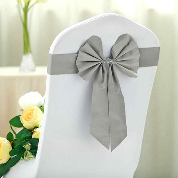 5 Pack Silver Reversible Chair Sashes with Buckles, Double Sided Pre-tied Bow Tie Chair Bands | Satin and Faux Leather