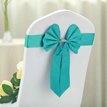 5 Pack Turquoise Reversible Chair Sashes with Buckles, Double Sided Pre-tied Bow Tie Chair Bands | Satin and Faux Leather