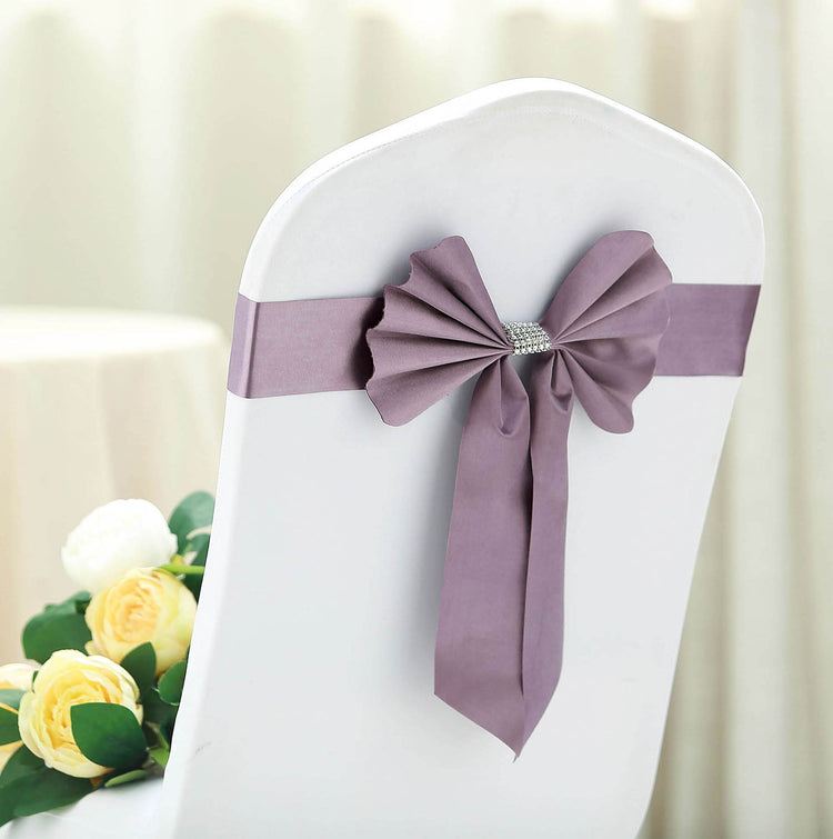5 Pack | Voilet Amethyst | Reversible Chair Sashes with Buckle | Double Sided Pre-tied Bow Tie Chair Bands | Satin & Faux Leather