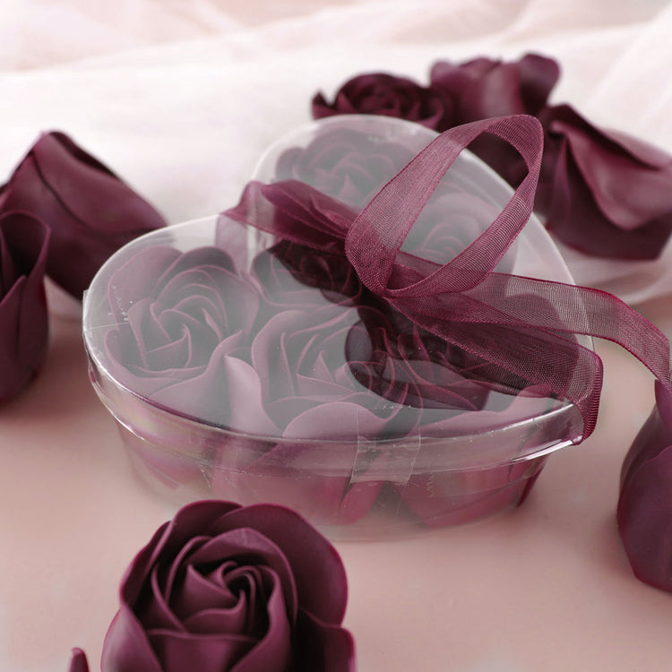 4 Pack 24 Pieces Burgundy Scented Rose Soap Heart Shaped Party Favors With Gift Boxes & Ribbon