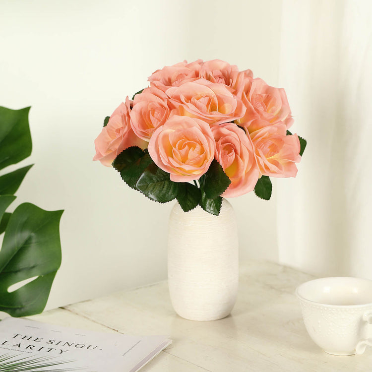 12 Inch Peach Artificial Velvet Like Fabric Rose Flower Bouquet Bush
