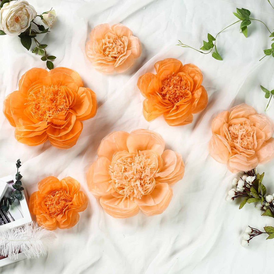 6 Pack Peach & Orange Assorted Size Paper Peony Flowers - 7" | 9" | 11"