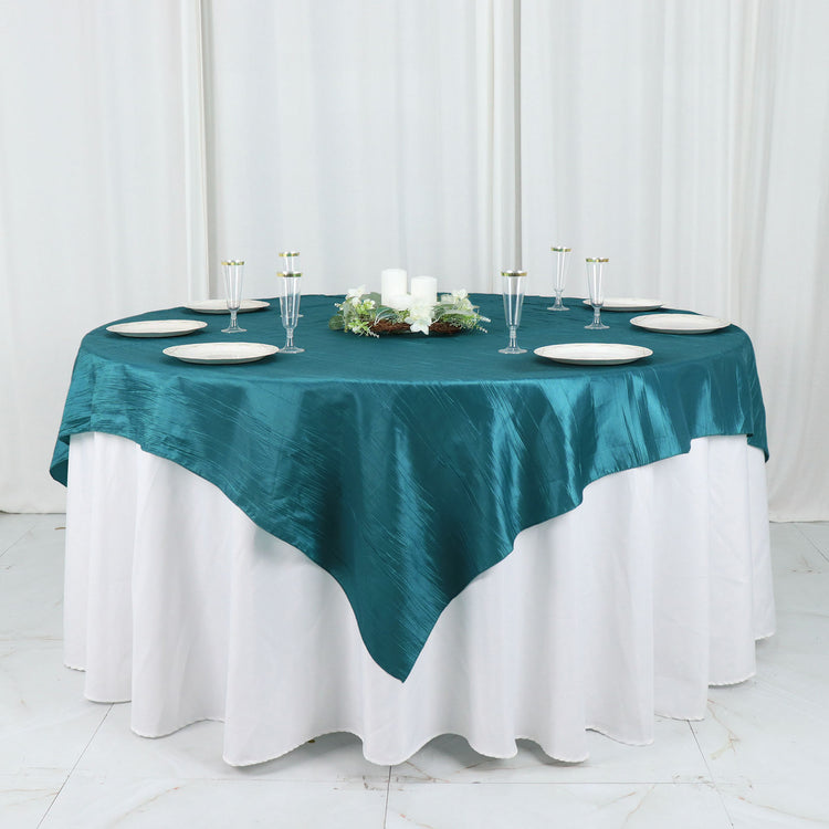 Peacock Teal Accordion Crinkle Taffeta Square Table Overlay 72 Inch x 72 Inch