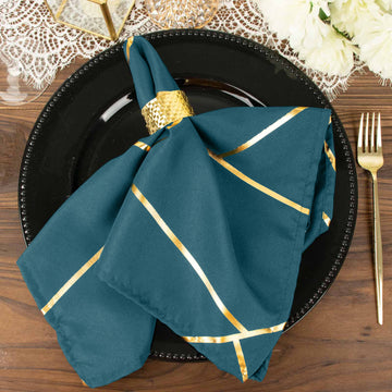 5 Pack Peacock Teal With Geometric Gold Foil Cloth Polyester Dinner Napkins 20"x20"