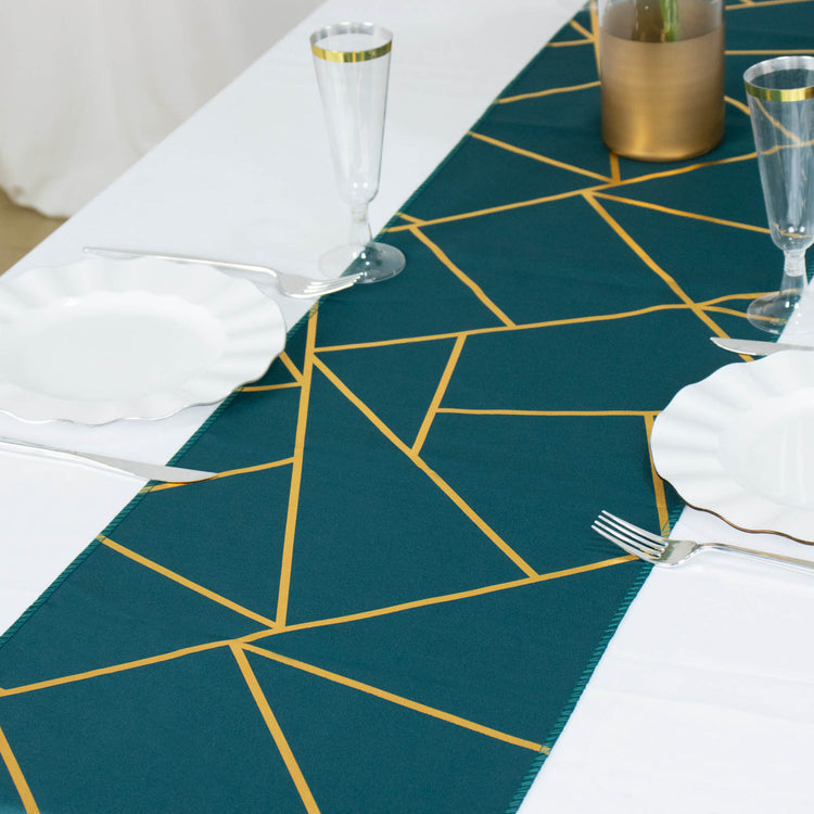 9ft Peacock Teal With Gold Foil Geometric Pattern Table Runner