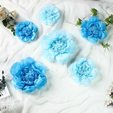Set of 6 Periwinkle / Turquoise Peony 3D Paper Flowers Wall Decor 7",9",11"