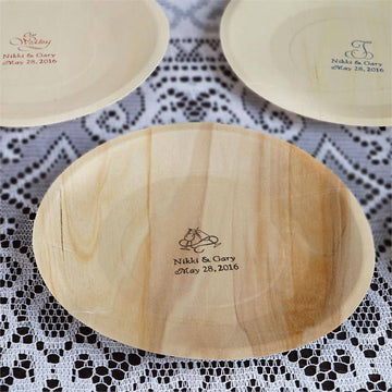 100 Pack Personalized Birchwood Dinner Plates, Eco Friendly Wedding Favors With Large Emblem 8.5"