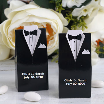 100 Pack | 4" Personalized Black Tuxedo Wedding Favor Boxes