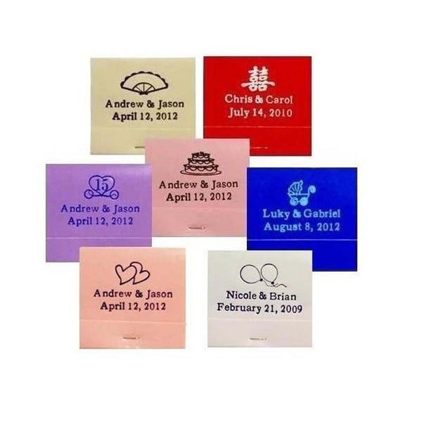 Custom wedding matchboxes in various colors and designs.