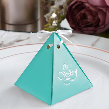 100 Pack | Personalized Pyramid Shaped Wedding Favor Party Gift Boxes With Large Emblem And Satin Ribbon Tie
