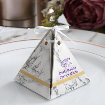100 Pack | Personalized Pyramid Shaped Wedding Favor Party Gift Boxes With Satin Ribbon Tie