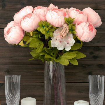 2 Pack | 19" Pink Artificial Peony Flower Wedding Bouquets, Faux Silk Flower Arrangements