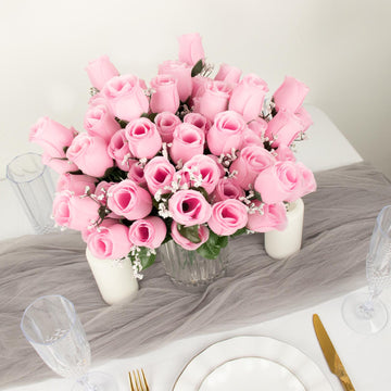 12 Bushes Pink Artificial Premium Silk Flower Rose Bud Bouquets