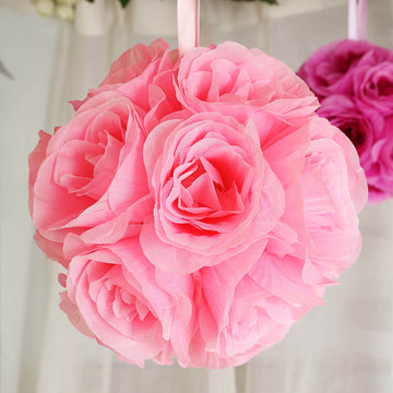 2 Pack Pink Artificial Silk Rose Kissing Ball, Faux Flower Ball 7"