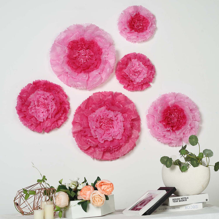 6 Multi Size Pack | Carnation Pink/Fuchsia 3D Wall Flowers Giant Tissue Paper Flowers - 12",16",20"