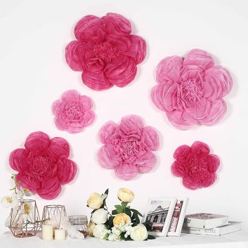 Set of 6 | Pink / Fuchsia Giant Peony 3D Paper Flowers Wall Decor - 12",16",20"
