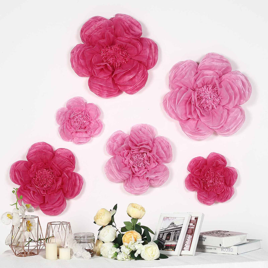 6 Pack Pink & Fuchsia Giant Paper Flowers Peony Assorted Sizes -  12" | 16" | 20"