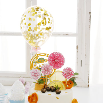 6 Pcs Pink/Gold Happy Birthday Cake Topper, 4 Mini Paper Fans and Gold Confetti Balloon Decor