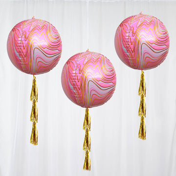 3 Pack Pink/Gold Marble Sphere Foil Helium or Air Balloons 13" 4D