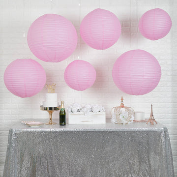 Set of 6 | Pink Hanging Paper Lanterns, Chinese Sky Lanterns, Assorted Sizes - 16", 20", 24"