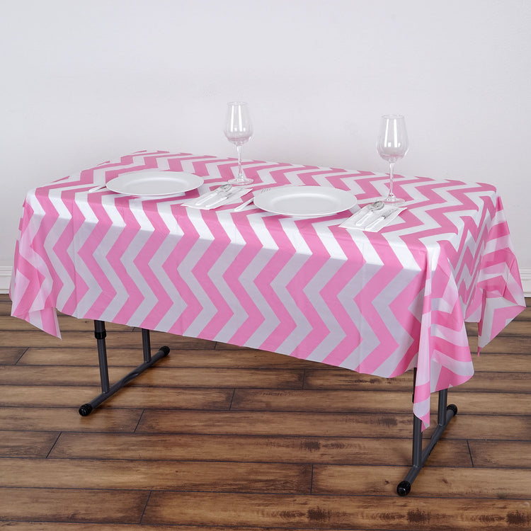 54"x72" Pink Chevron Waterproof Plastic Tablecloth, PVC Rectangle Disposable Table Cover