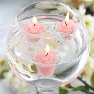 12 Pack | 1" Pink Mini Rose Flower Floating Candles Wedding Vase Fillers