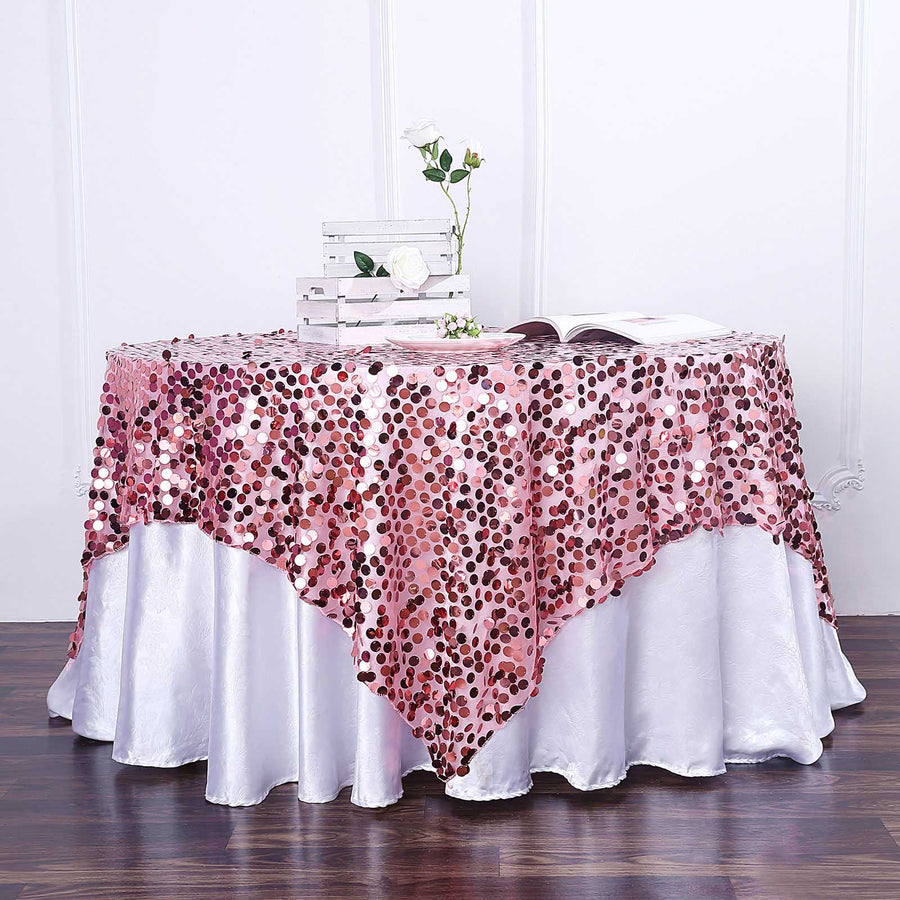 72 Inch x 72 Inch Pink Premium Big Payette Sequin Square Table Overlay