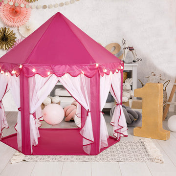 Pink Princess Castle Play House Tent with Star LED Garlands and Carry Bag 4.5Ft