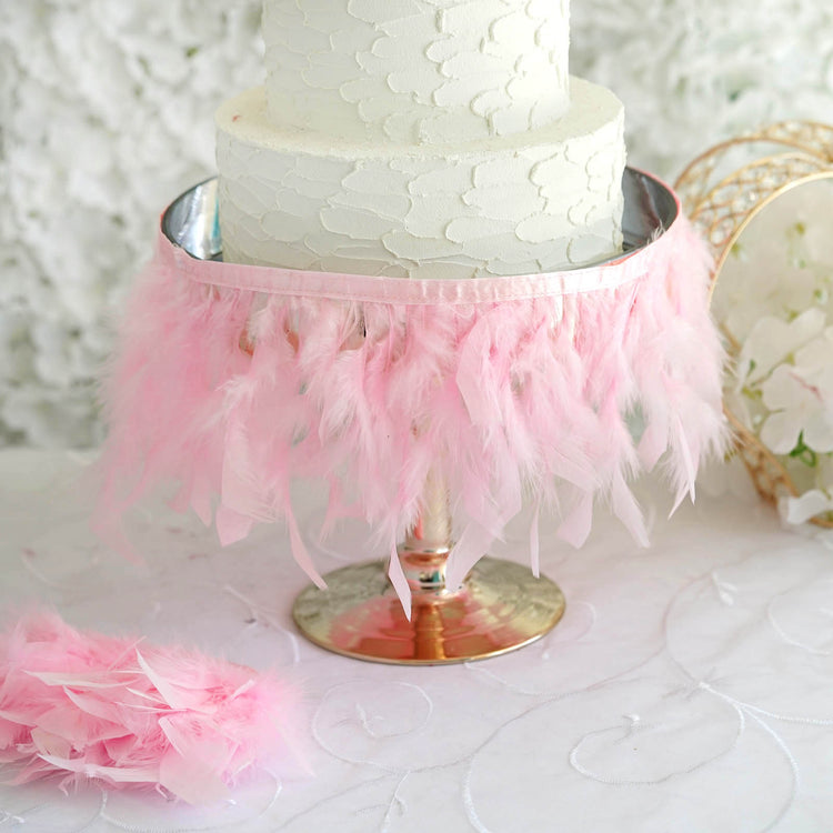 39 Inch Pink Real Turkey Feather Fringe Trim with Satin Ribbon Tape