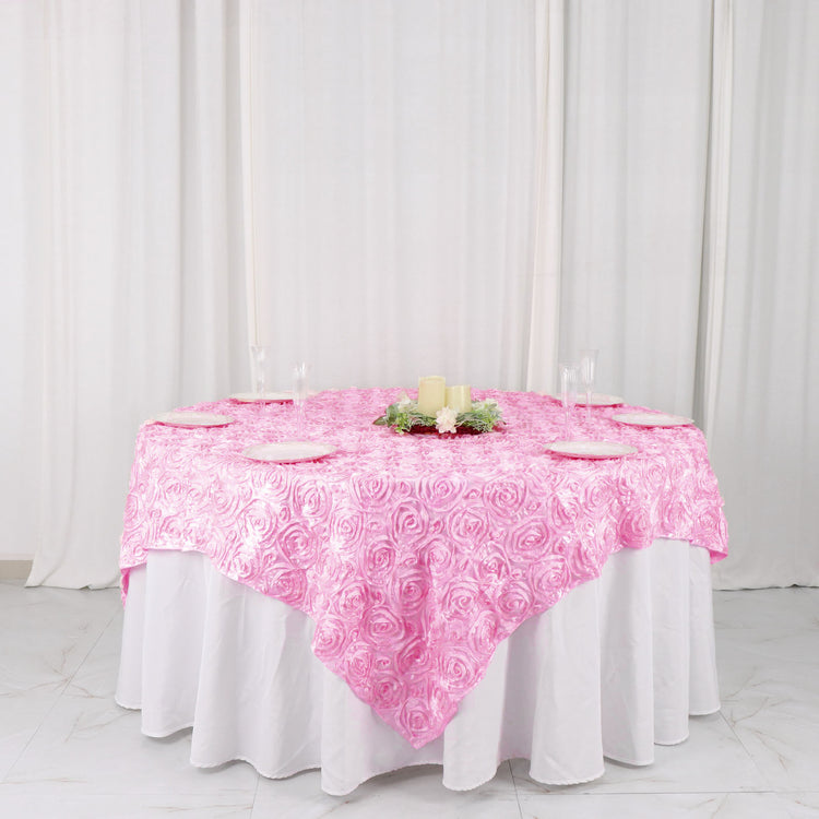 Pink 3D Satin Rosette Table Overlay 72 Inch x 72 Inch