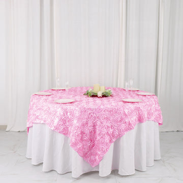 Elevate Your Tablescape with the Pink 3D Rosette Satin Square Table Overlay