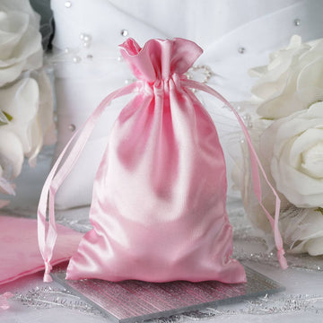 Elegant Pink Satin Drawstring Wedding Party Favor Gift Bags
