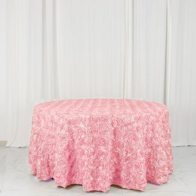 120inch Pink Grandiose 3D Rosette Satin Round Tablecloth