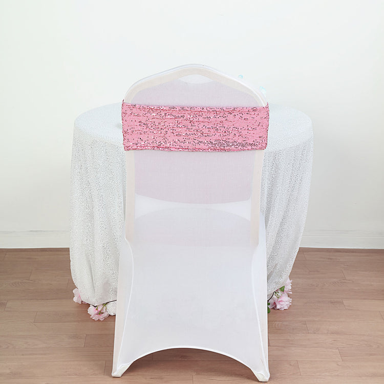 5 Pack Pink Sequin Spandex Chair Sashes 6 Inch x 15 Inch