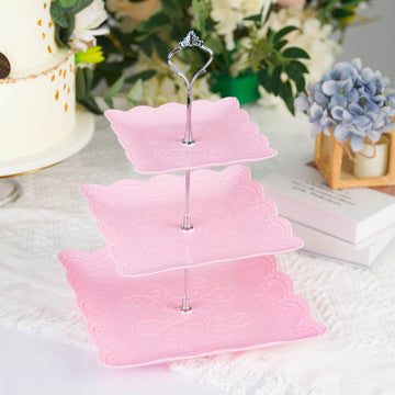 3-Tier Pink/Silver Floral Print Cupcake Stand, Dessert Tray, Plastic With Top Handle 13"