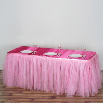 Pink Two Layered Pleated Tulle Tutu Table Skirt With Satin Edge 17ft