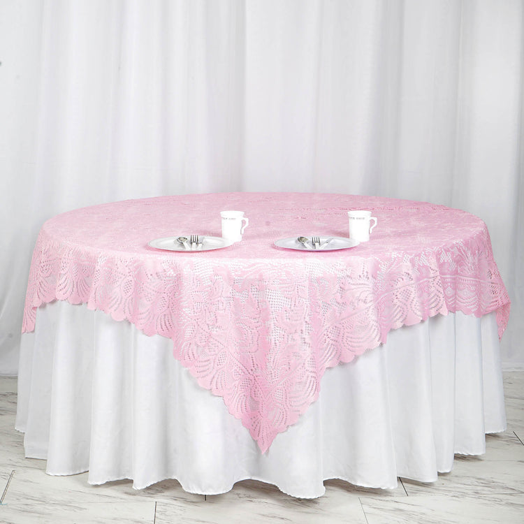 Pink Lace Square Table Overlay 72 Inch x 72 Inch