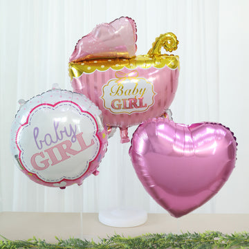 Set of 5 | Pink/White Girl Baby Shower Mylar Foil Balloon Set, Heart, Round and Baby Carriage Balloon Bouquet With Ribbon, Gender Reveal Party Decorations