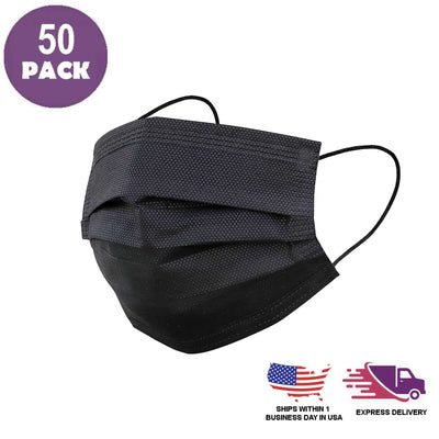 Black disposable face masks pack of 50 on a white background