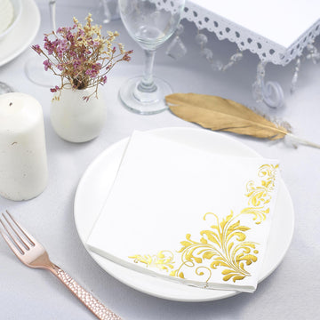 20 Pack Metallic Gold Floral Design Paper Dinner Napkins, Wedding Cocktail Napkins 3 Ply