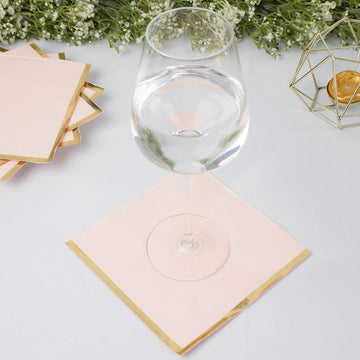 50 Pack 2 Ply Soft Blush With Gold Foil Edge Party Paper Napkins, Dinner Cocktail Beverage Napkins -