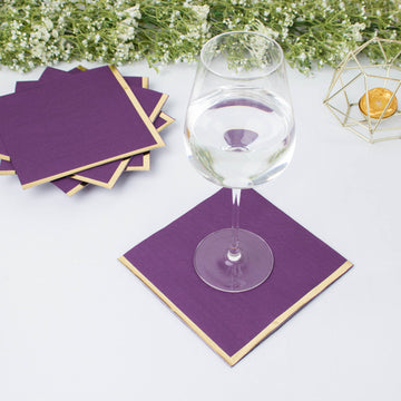 50 Pack | 2 Ply Soft Purple With Gold Foil Edge Party Paper Napkins, Dinner Cocktail Beverage Napkins