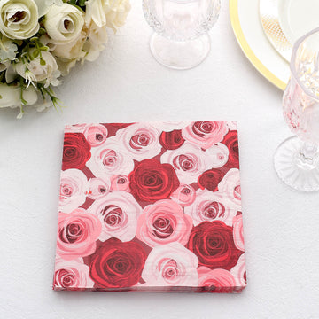 50 Pack Soft Red / Pink Floral Design Paper Beverage Napkins, Rose Garden Wedding Cocktail Napkins 18 GSM