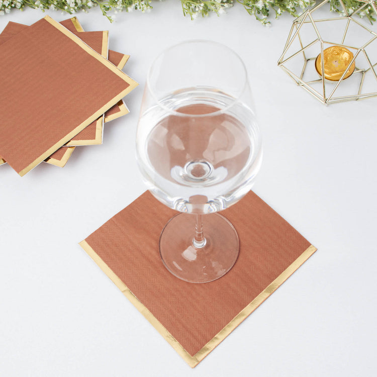 50 Pack | 2 Ply Soft Terracotta With Gold Foil Edge Party Paper Napkins