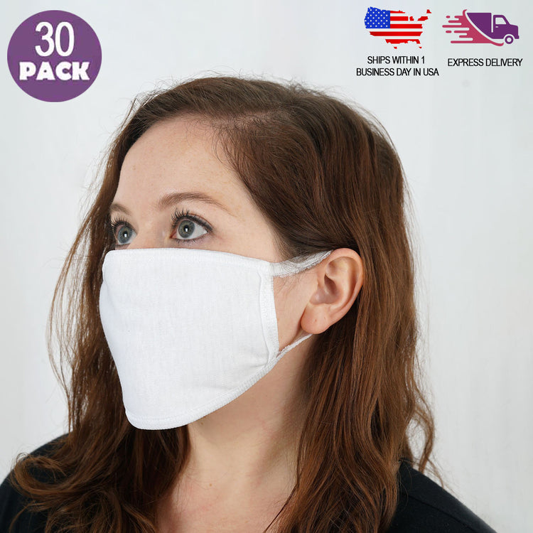 3 Ply Reusable with Soft Ear Loops Cotton White Fabric Face Mask 30 Pack