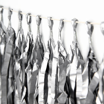 12 Pack | Pre-Tied Silver Paper Fringe Tassels With Garland String, Hanging Streamer Banner